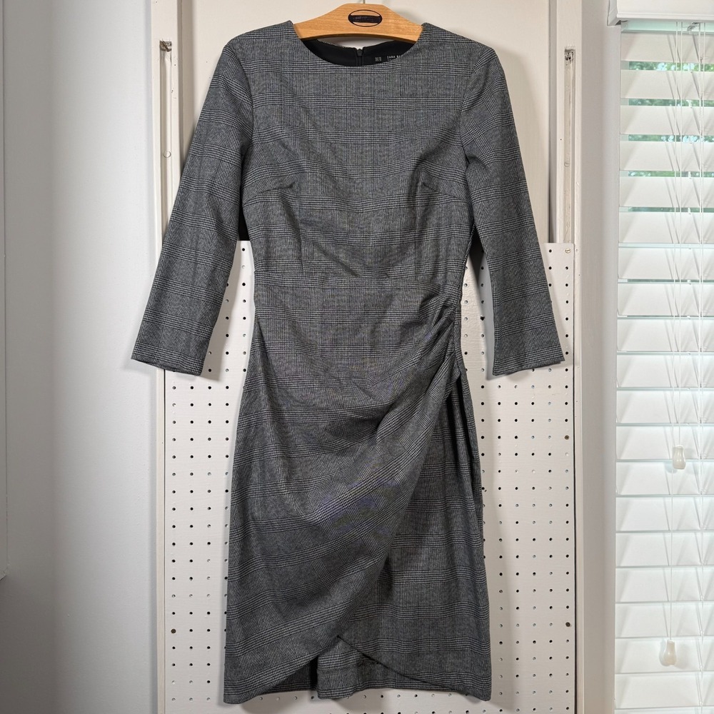 Zara Basic Collection Asymmetric Gathered Sheath Dress Women's Glen Plaid - XS